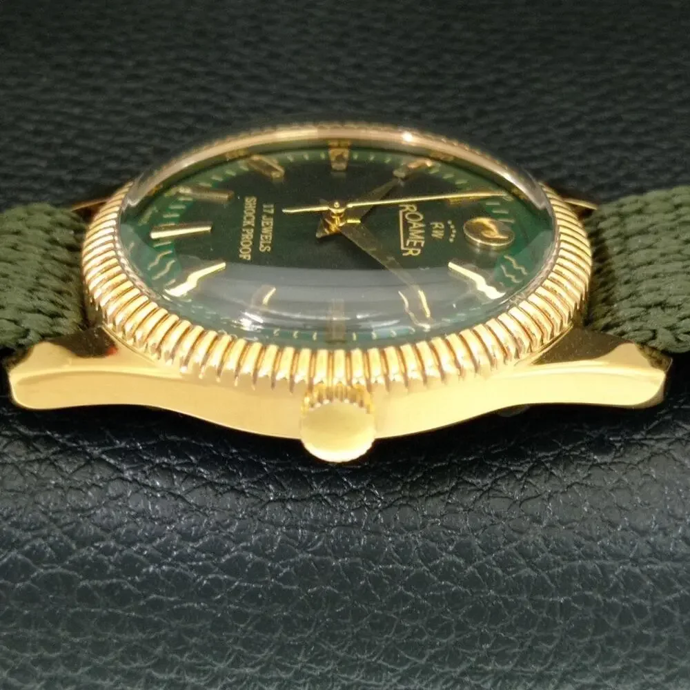 Vintage 1985 Roamer Manual Mens Gold Watch W/Nato Strap & Green accents
